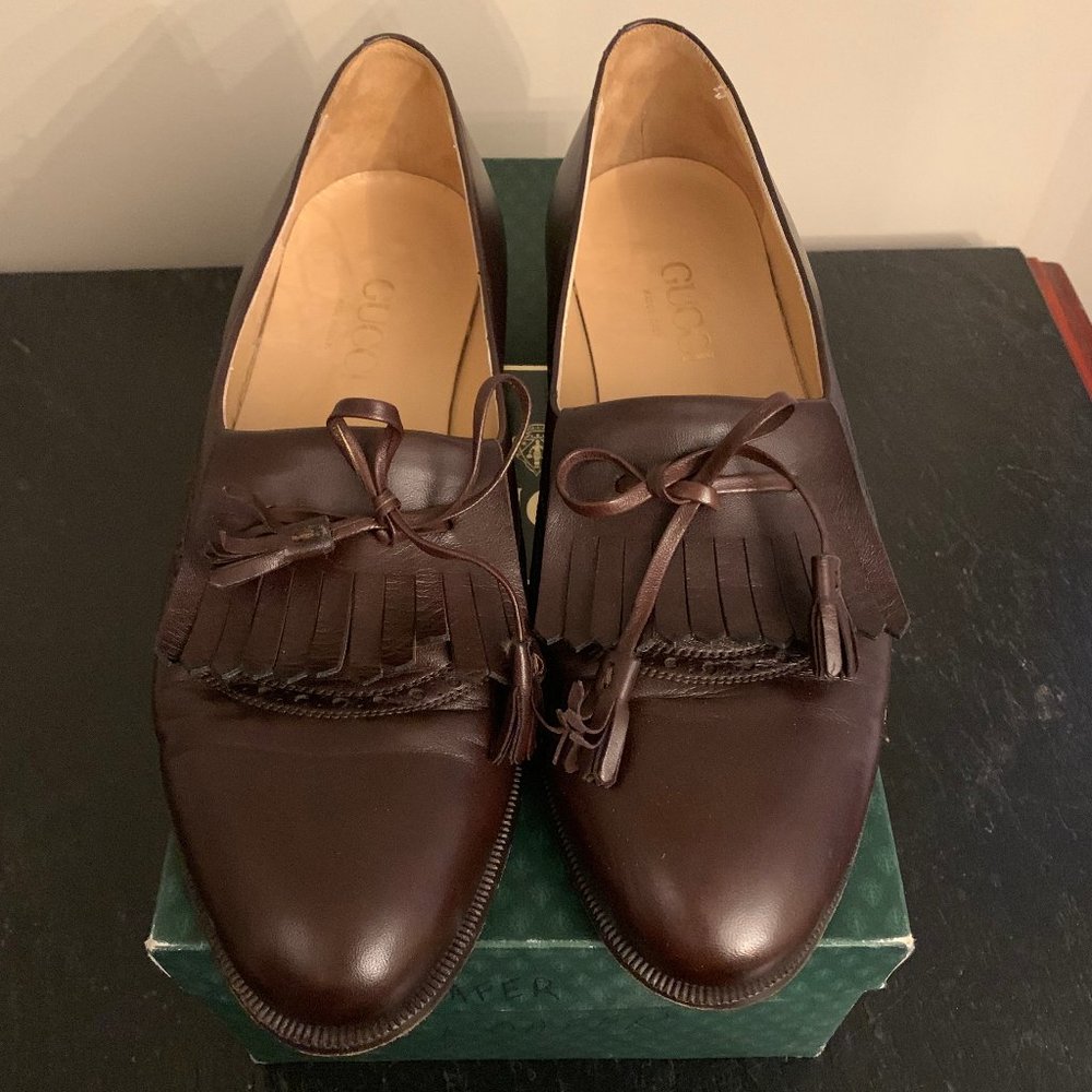 Gucci Fringe Tassel Brown Leather Loafers